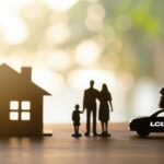 Silhueta de uma família com pai, mãe e filha entre uma casa e um carro com o logotipo do LCbank, representando estabilidade financeira, realização de sonhos e segurança patrimonial. Ao fundo, luz suave do pôr do sol cria um clima acolhedor e de esperança.