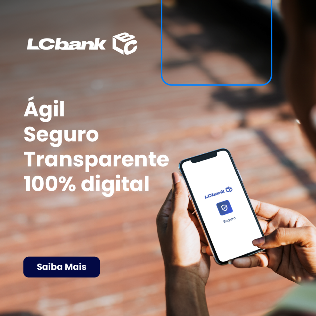 Pessoa usando app LCBank no celular. Texto: "Ágil, Seguro, Transparente, 100% digital".